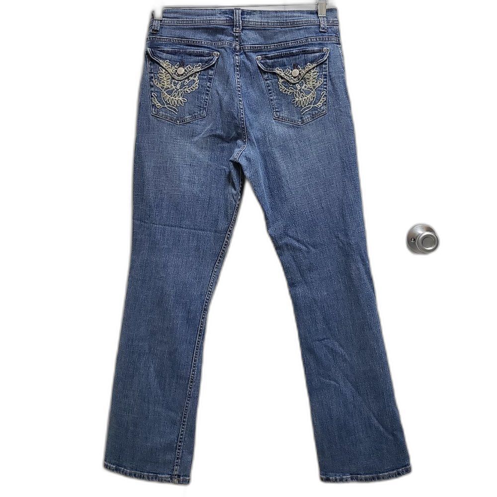 Zena Women Straight Leg Jeans Zip Embroidered Pocket Sz 12 Med Wash Boho Western